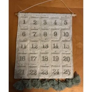 St. Nicholas Square Hanging ADVENT CALENDAR Cream Silver Snowflakes Fabric
